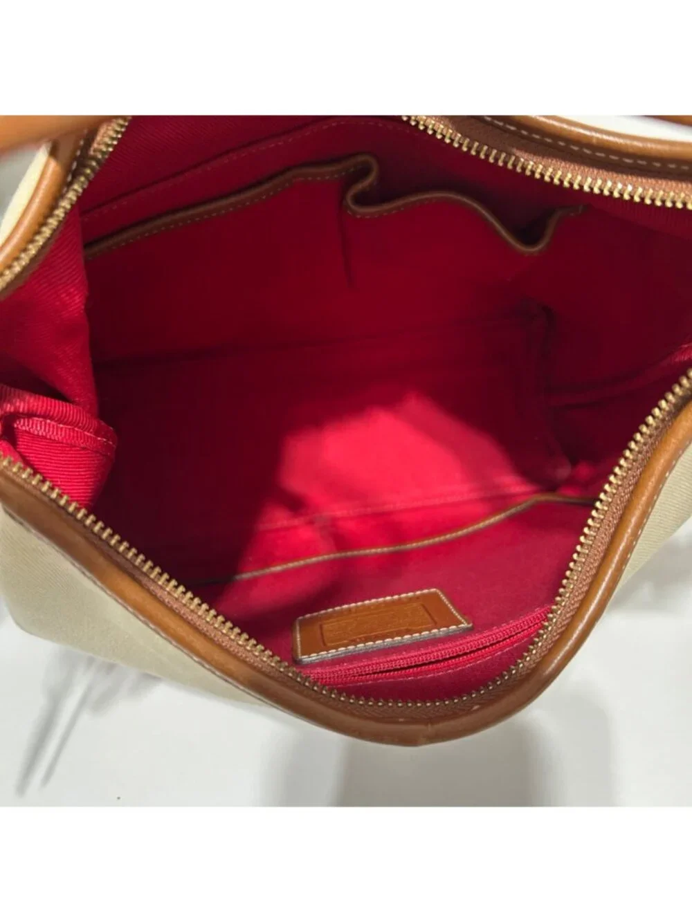 Vintage Y2K Coach Beige Canvas & Leather Shoulder Bag With Red Interior